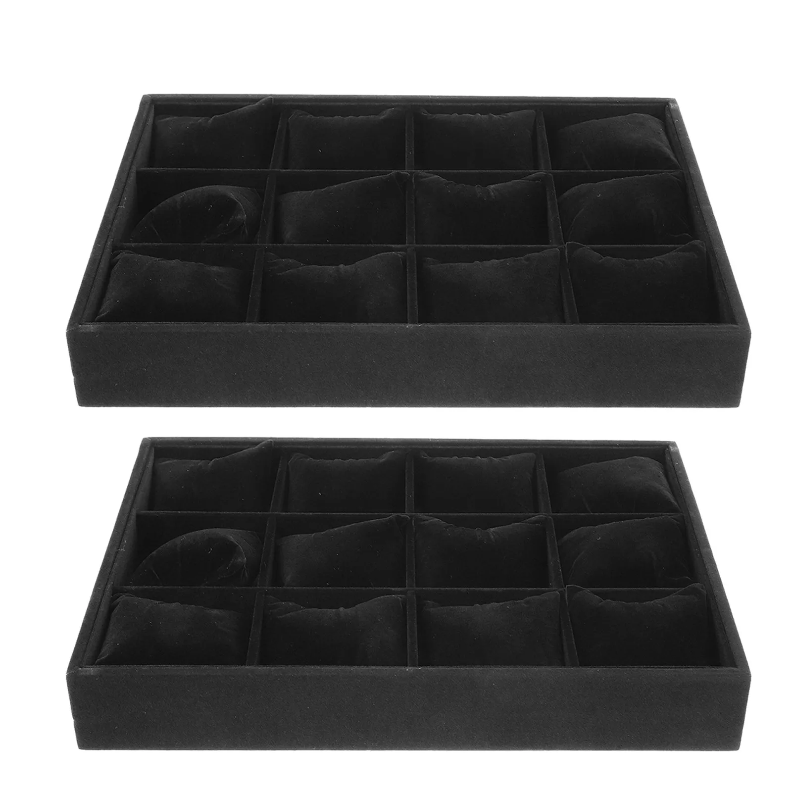 2Pcs Black Grid Jewelry Storage Tray 12 Compartments Soft Surface Watch Bracelet Organizer Display Box for Home Office Dresser