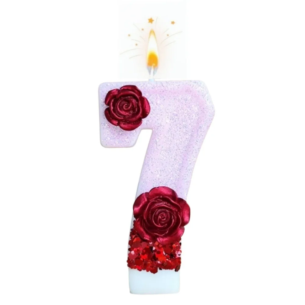 Number Pink Glitter Red Rose Flower Birthday Candle 0 1 2 3 4 5 6 7 8 9 3D Number Candle Cake Topper Birthday Party Cake Decor view 3