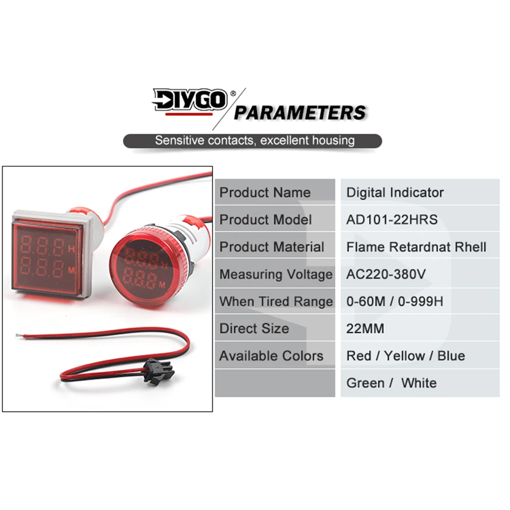 22mm LED Mini Round Square Digital Timer Meter Signal Light Hour Meter Panel Mounting 0-60 Minute/0-999Hour AC 220V-380V