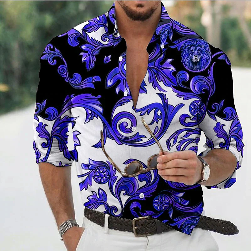 Camisa de manga larga con solapa para hombre, camisa informal versátil, patrón dorado, moda urbana, otoño