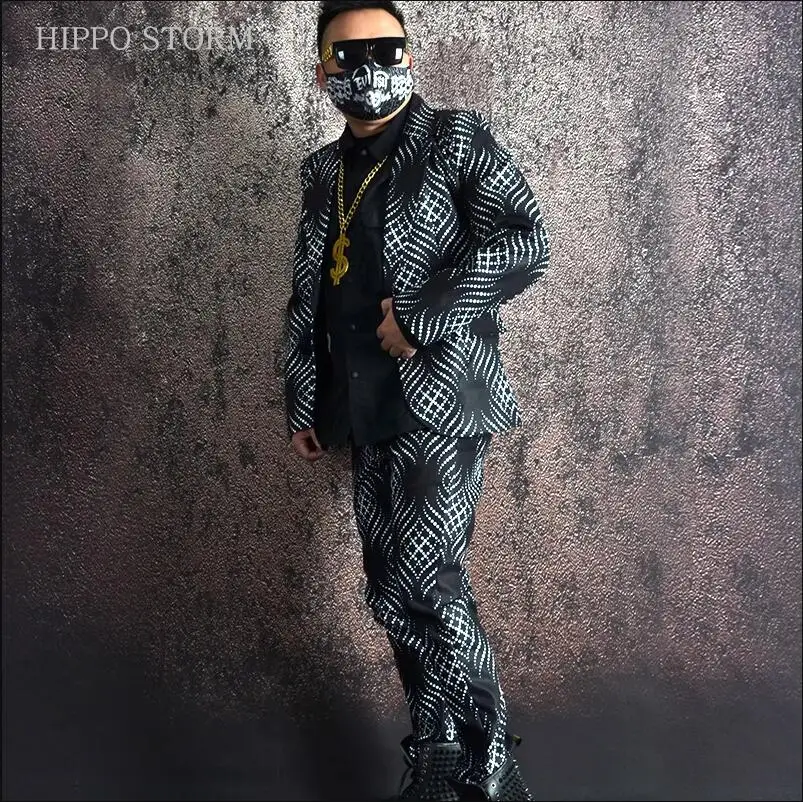 جديد الرجال أبيض وأسود البولكا نقطة طباعة دعوى معطف ملهى ليلي الربيع الذكور المغني تصفيف الشعر الاتجاه سليم بليزرات جاكيتات فستان