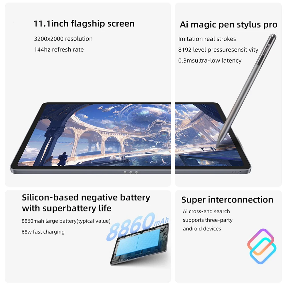 แท็บเล็ต Lenovo Xiaoxin Pad Pro GT ขนาด 11.1 นิ้ว ความจุ 128GB/256GB แบตเตอรี่ 8860mAh ชาร์จเร็ว 68W ชิปประมวลผล Snapdragon 8 Gen3 หน้าจอ LCD 144Hz ความละเอียด 3.2K กล้อง 13MP