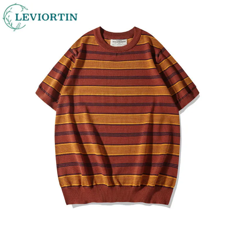 2025 Summer New Men's Youth Trendy Round Neck Loose Fashion Versatile Hooded Knitted Striped Short Sleeve T-shirt OK5302