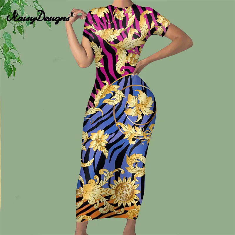 Noisydesigns Long Bodycon Dresses For Women 2022 Elegant Golden Europe Floral Print Bkue Leopard Luxury Sexy Vestidos Dropship