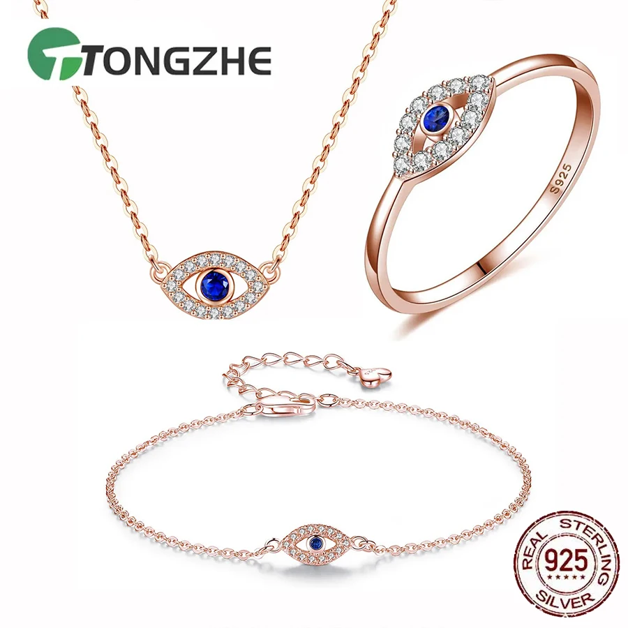 

TONGZHE 925 Sterling Silver Evil Eye Necklace for Women Blue Pendant Ring Bracelet Wedding Gift For Girl Turkey Jewelry Sets