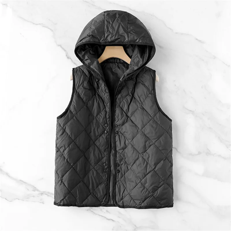 Autumn Winter Ultra Light White Duck Down Vest Jacket Women Hooded Down Waistcoat Coat Ladies Rhombic Lattice Sleeveless Tank