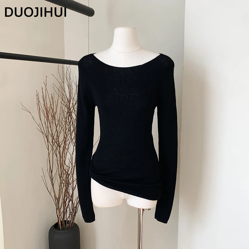 

DUOJIHUI Simple Chic Slash Neck Loose Women Pullovers Autumn Slim Solid Color Fashion Long Sleeve Knit Sweater Female Pullovers