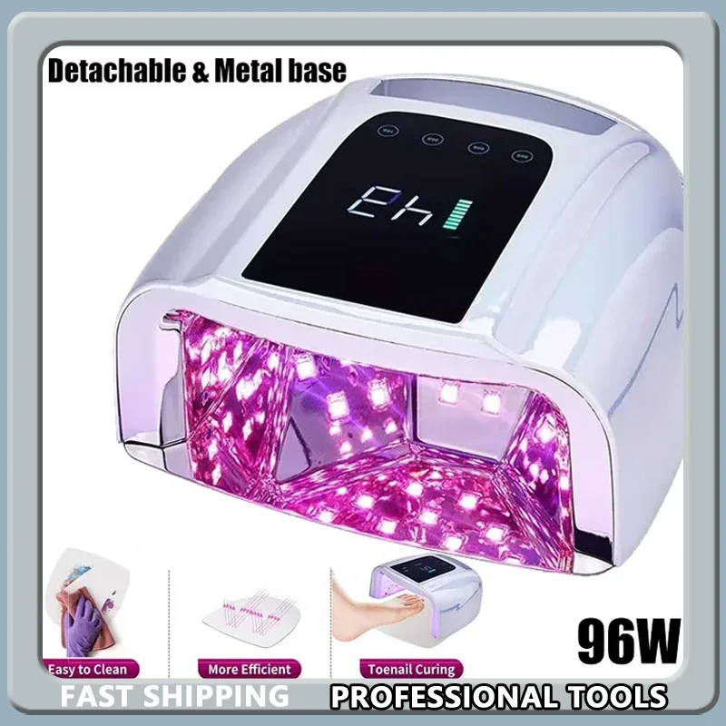 

96 Вт УФ-светодиодная лампа для ногтей, зеркало, светоотражающая беспроводная беспроводная перезаряжаемая маникюрная сушилка с металлической подушечкой для дизайна ногтей