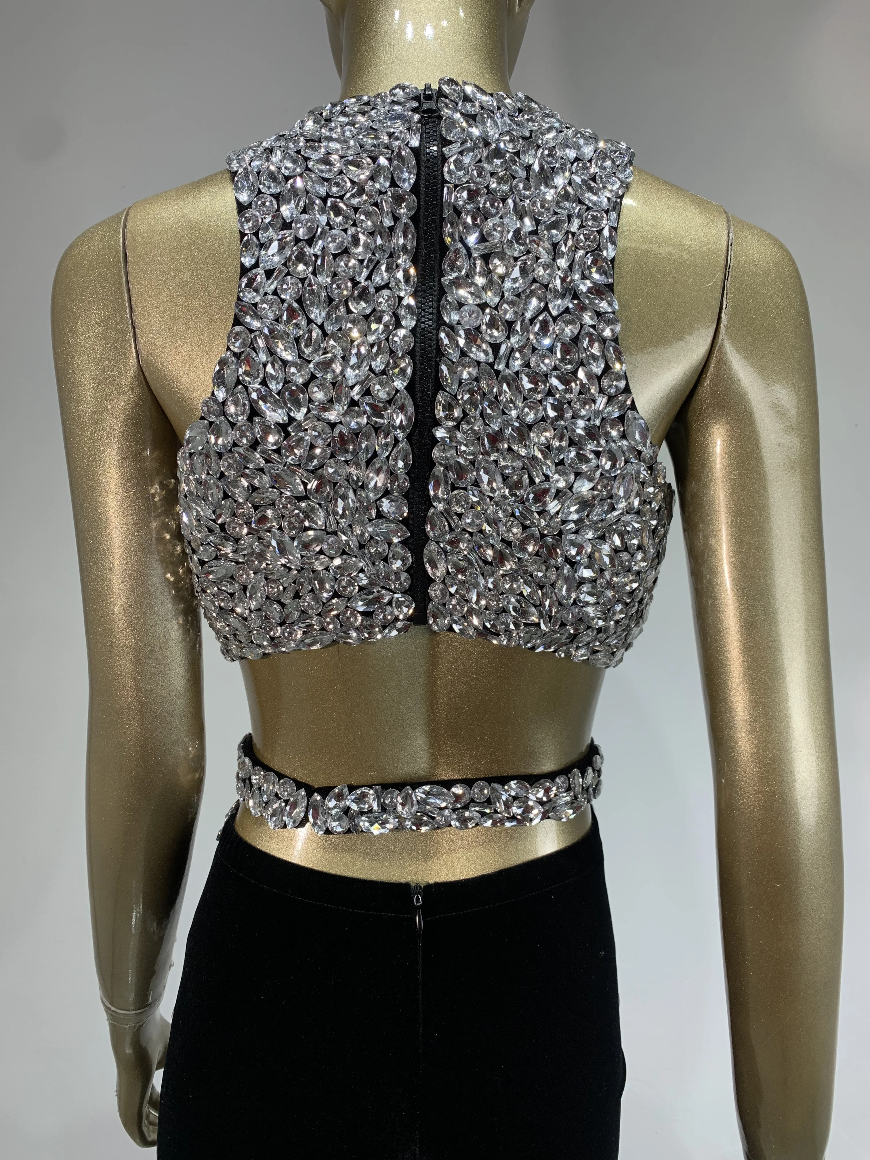 STOCK Sparkly Rhinestone Two-piece Set Women 2025 Sexy Velvet Singer Nightclub Outfit Celebrate Birthday Elegant Party Dresses