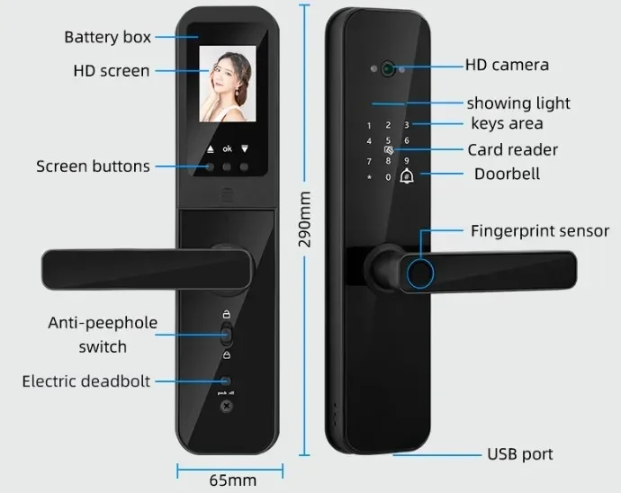 Serrure de porte à caméra intelligente, vidéo en temps réel, œil de chat, application Tuya, empreinte digitale, judas, mot de passe de sonnette, vente en gros