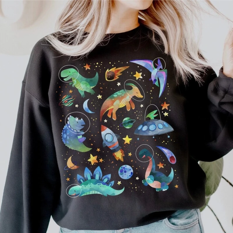 Espaço dinossauro moletom bonito amantes camisola kawaii moletom crewneck dino moletom adulto roupas femininas kawaii com capuz topos