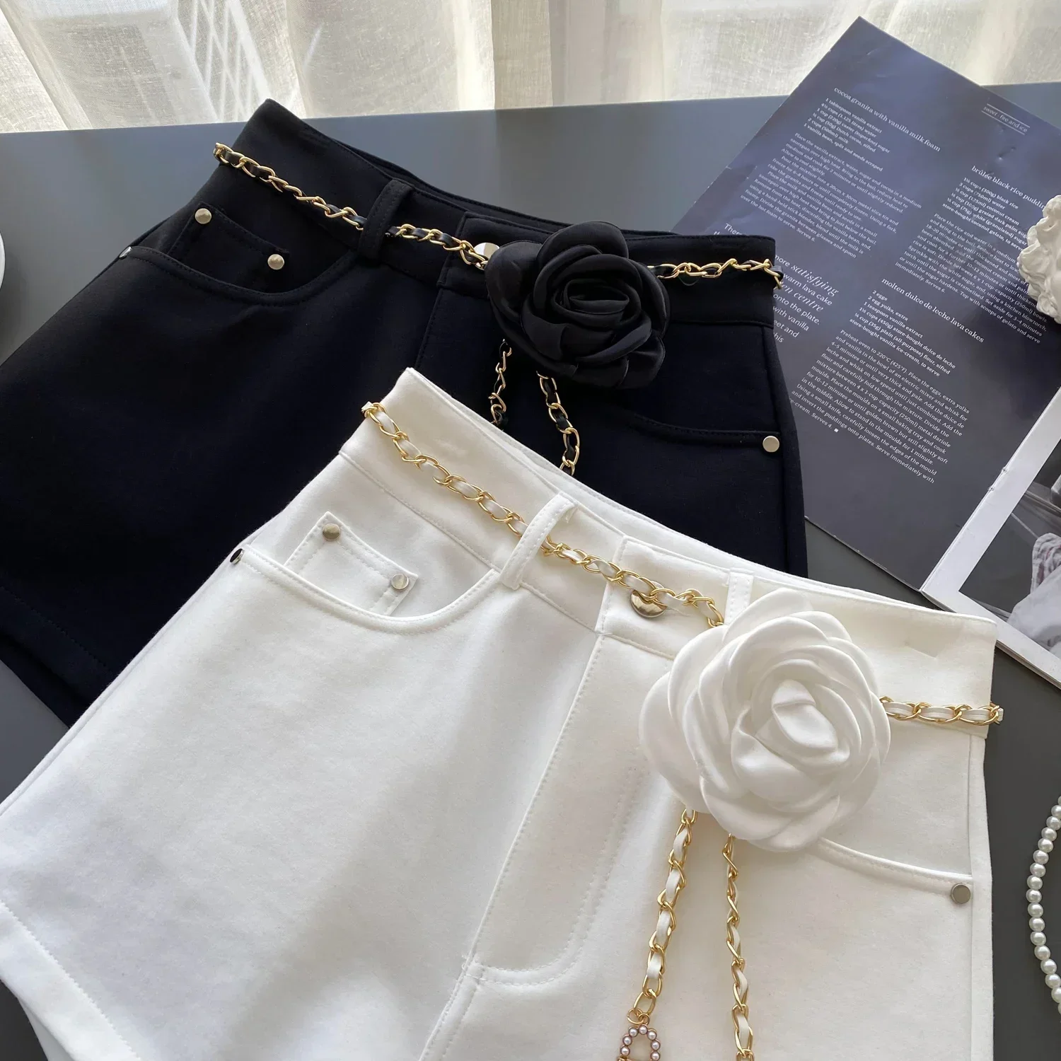 Basics Vintage Casual High Waist Chic Three-dimensional Floral Chain Wide Leg Short Pants Streetwear High Street Autumn Clothing