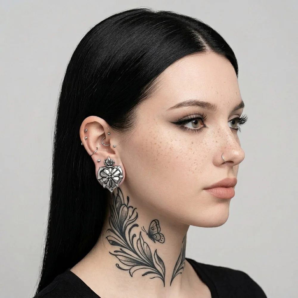 Casvort 2PCS 316L Stainless Steel Sacred Heart Ear Tunnels and Plugs Flame Cross Ear Gauges Screw Off Gothic Piercing Jewelry
