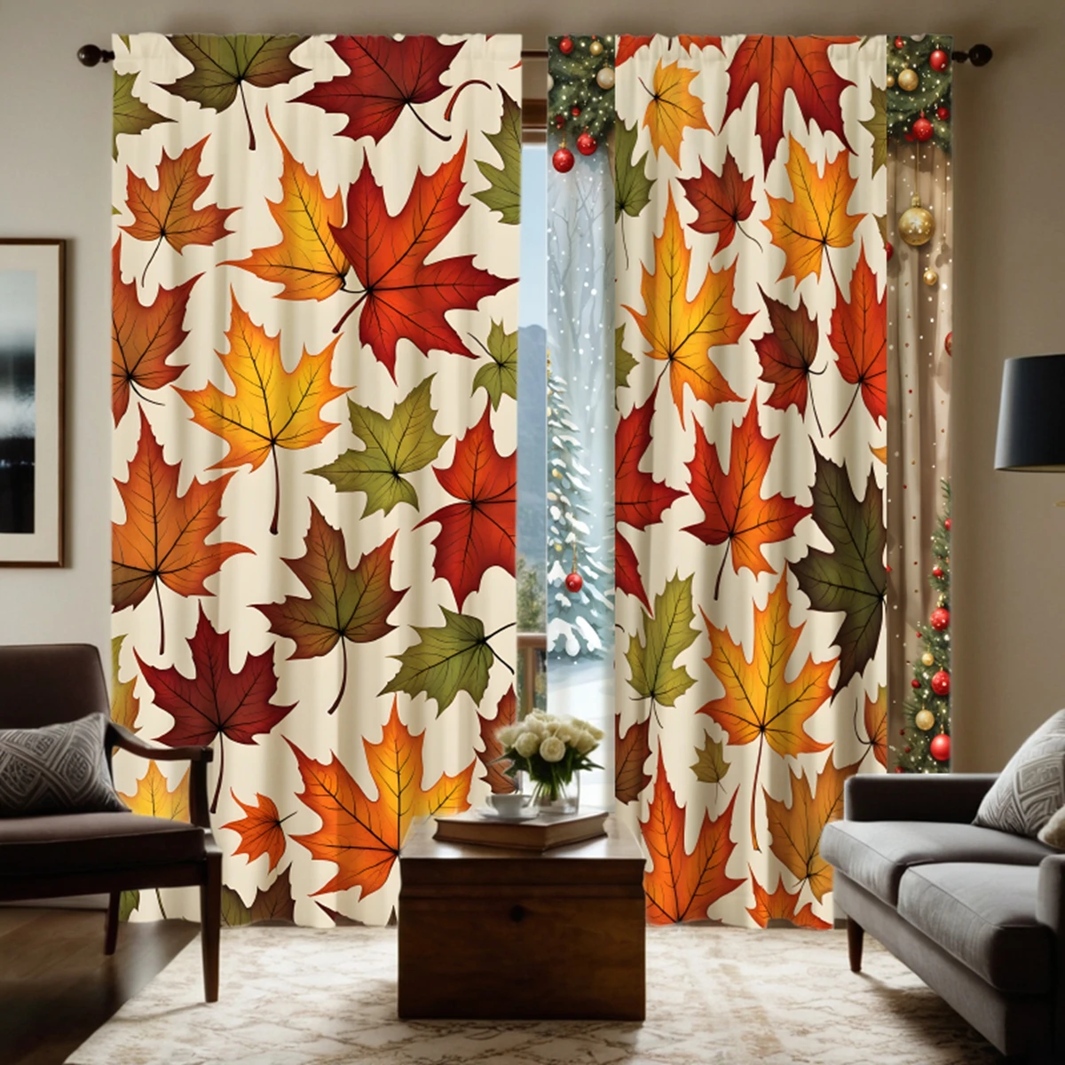 

2 pieces of HD Autumn maple leaf leaf decoration curtain Yellow tie digital printed curtain Home decoration style decoration liv