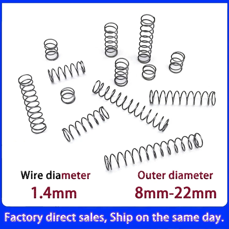 

10Pcs 1.4mm Spring Steel Compression Springs, OD: 8/9/10/11/12/13/14/15/16/17/18/20/22mm, Free Length: 10-100mm - Customizable