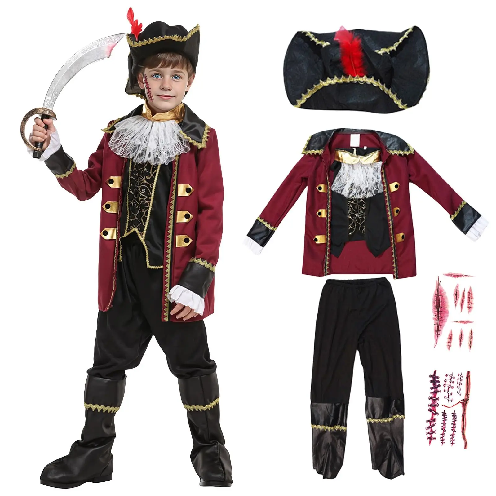 

Luxury Pirate Costume Boys Outfit Accessory with Hat Sticker Halloween Mardi Gras Cosplay Dress Up Props