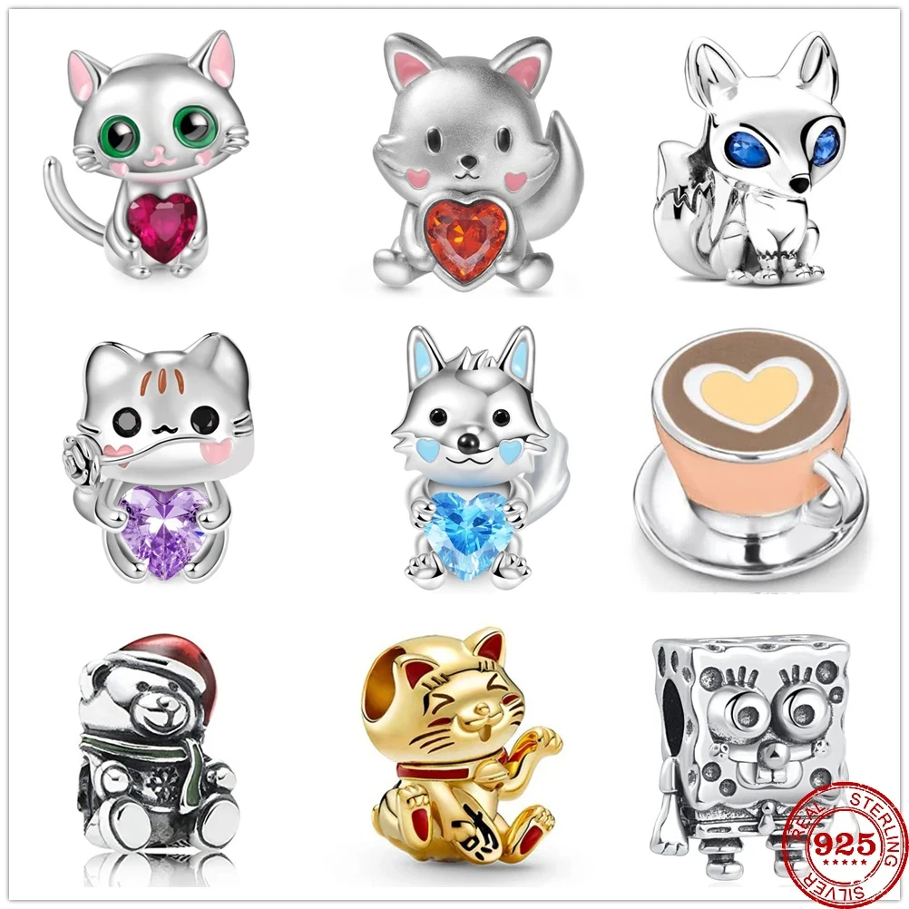 

Fit Original Pandora Charm Bracelet 925 Sterling silver Cat Wolf bear with heart zircon Charm Beads DIY Women Jewelry