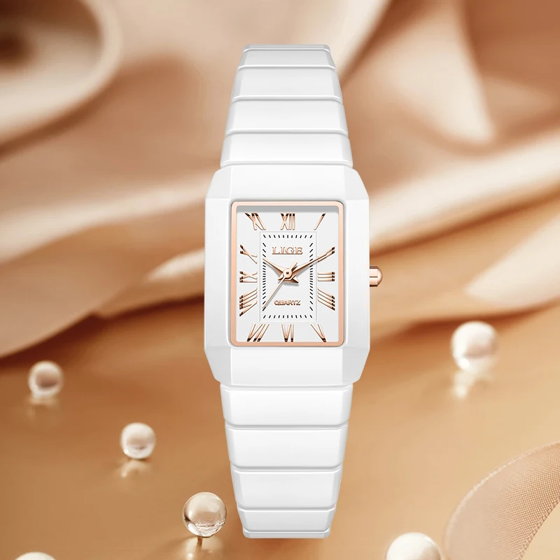 LIGE Luxury Fashion Quartz Woman Watch Square Elegant High Quality Ceramic Belt Wristwatch Waterproof Watches Gift for Women+Box