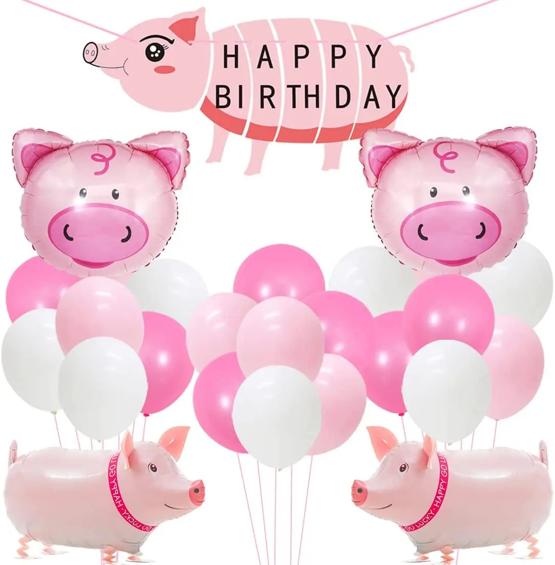 Pink Pig Birthday Party Decorations Walking Pig Balloon Happy Birthday Banner for Girl 1st 2nd 3rd Birthday Party Supplies