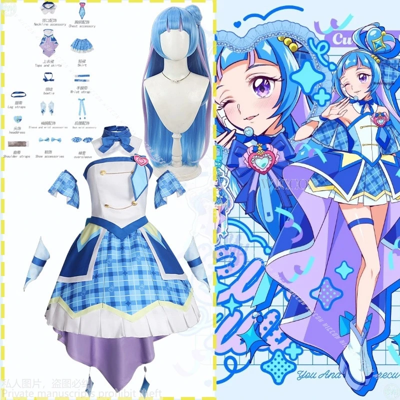 

Pretty Anime Cure You And Idol Precure Cosplay Aokaze Nana Kawaii Jirai Kei Girls Blue Plaid Bow Cake Skirt Lolita Halloween Cos