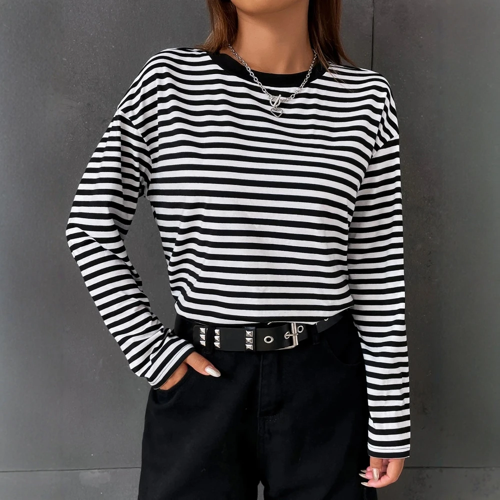 

Mia Muse Boutique Autumn T-Shirts 2025 Women's Fashion Stripes Long Sleeve Crew Neck Loose Fit Daily Basic T-Shirts