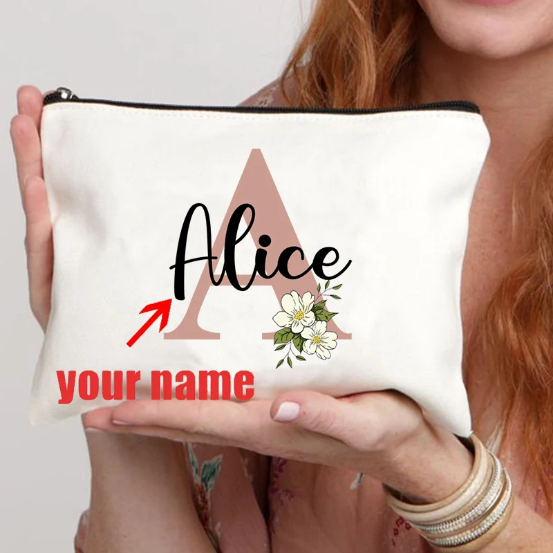 Floral Letters Custom Name Makeup Bag Best Gift for Bridesmaid Teachers Friends Cosmetic Case Personalise Gift for Birthday