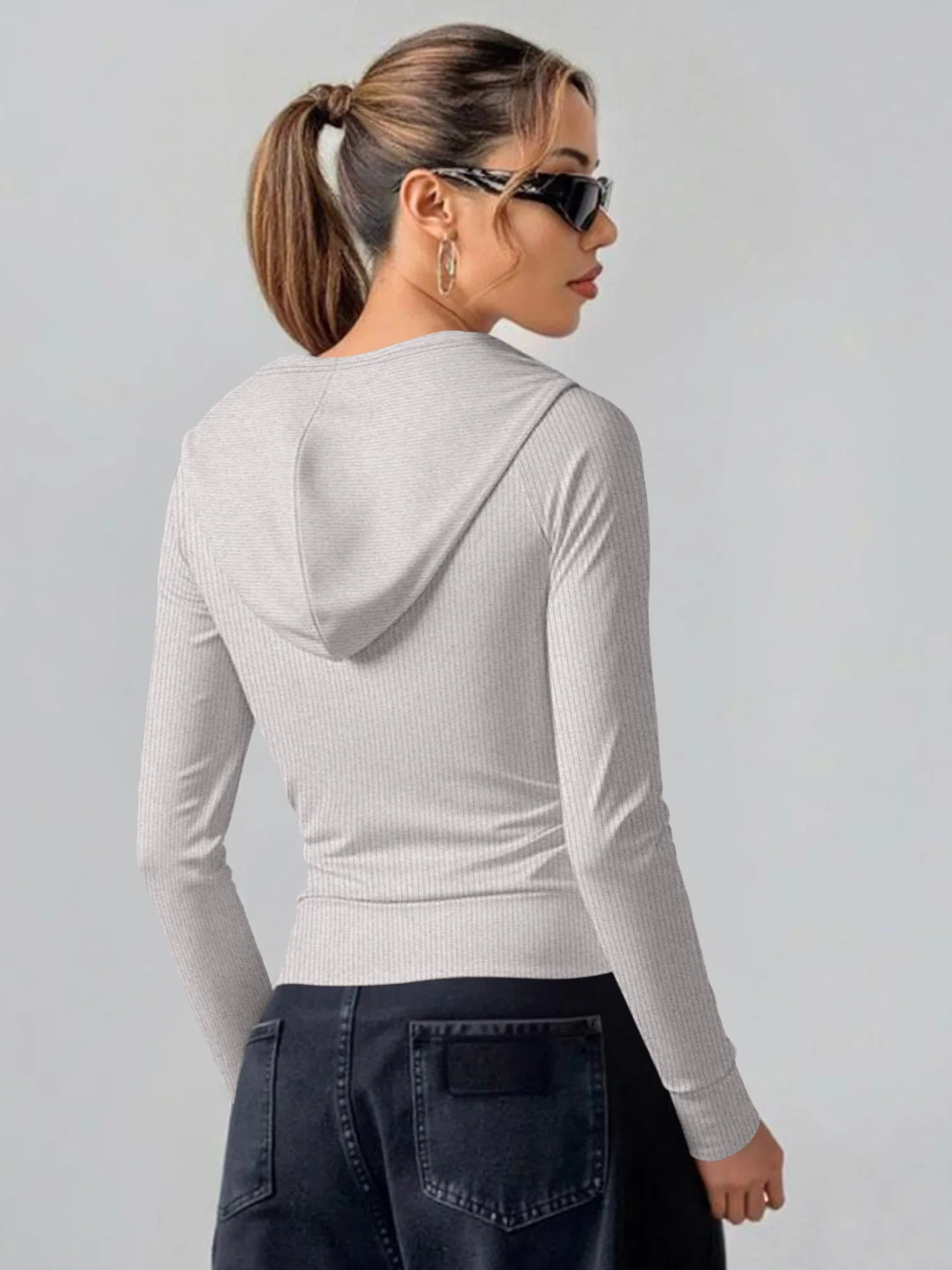 Spring Autumn Women Hooded Knit Cardigan Full Zip Drawstring Long Sleeve Slim Outerwear