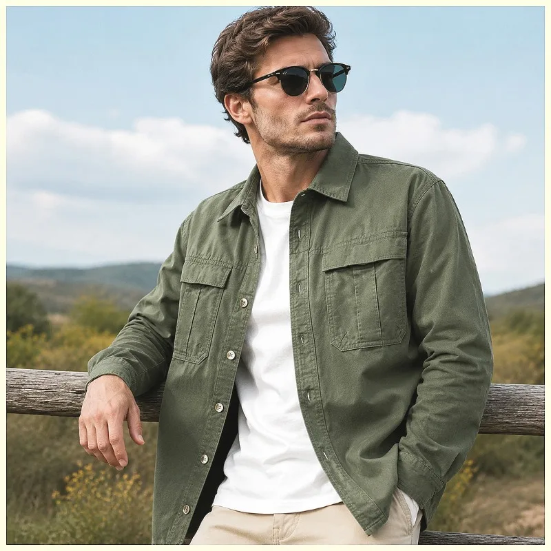 Men's Autumn American Retro Washed Cotton Twill Cargo Shirt Long Sleeve Double Pocket Loose Fit Vintage Streetwear Workwear