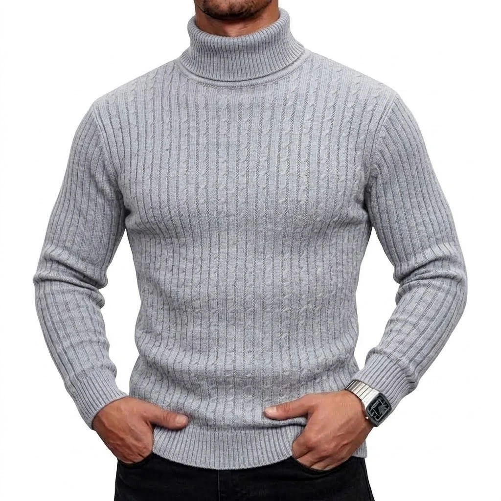 Neuer Herren-Rollkragenpullover, lässiger Zopfstrickpullover, hoher Kragen, lange Ärmel, warme Winterpullover für Männer, schmal geschnittene Oberteile. – Detail 11