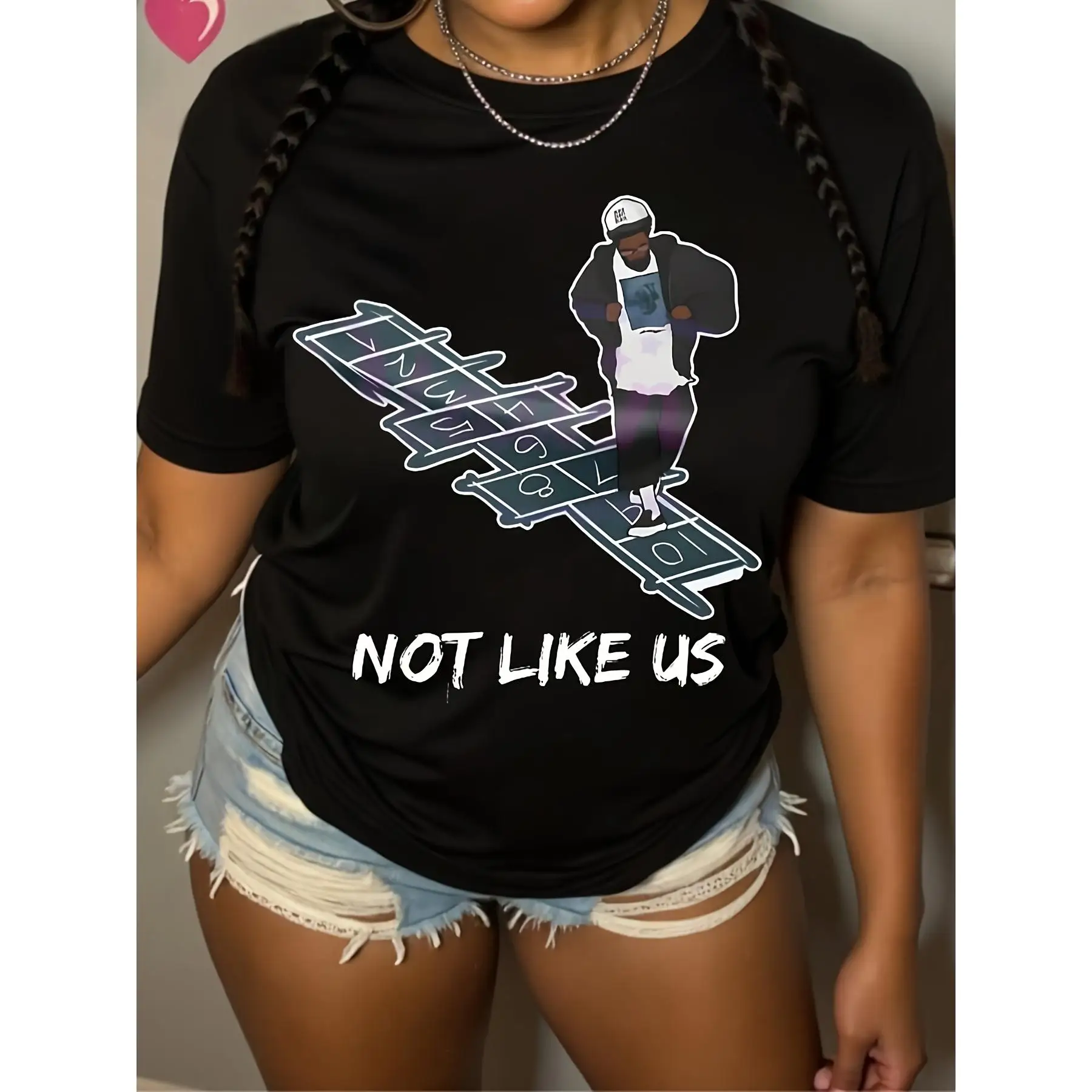 

Women's 'Not Like Us' Graphic T-Shirt - Black Casual Short Sleeve T-shirt With Bold Lettering And Abstract Design, Polyester Ble