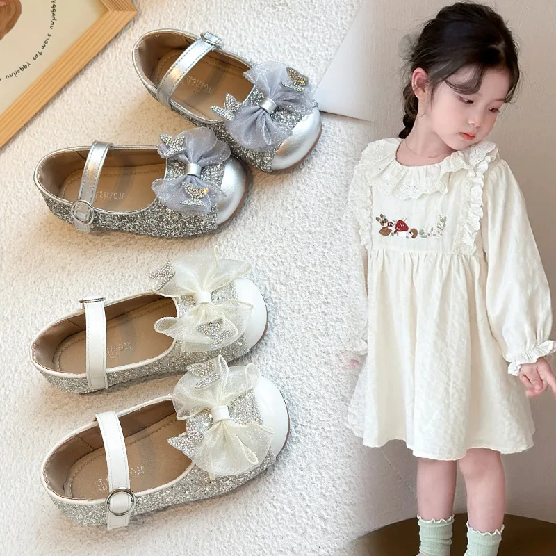

Kids Princess Shoes Sweet Lace Bows Girls Leather Shoes Round Toes Versatile 2025 Autumn New Children MaryJanes Performance Shoe