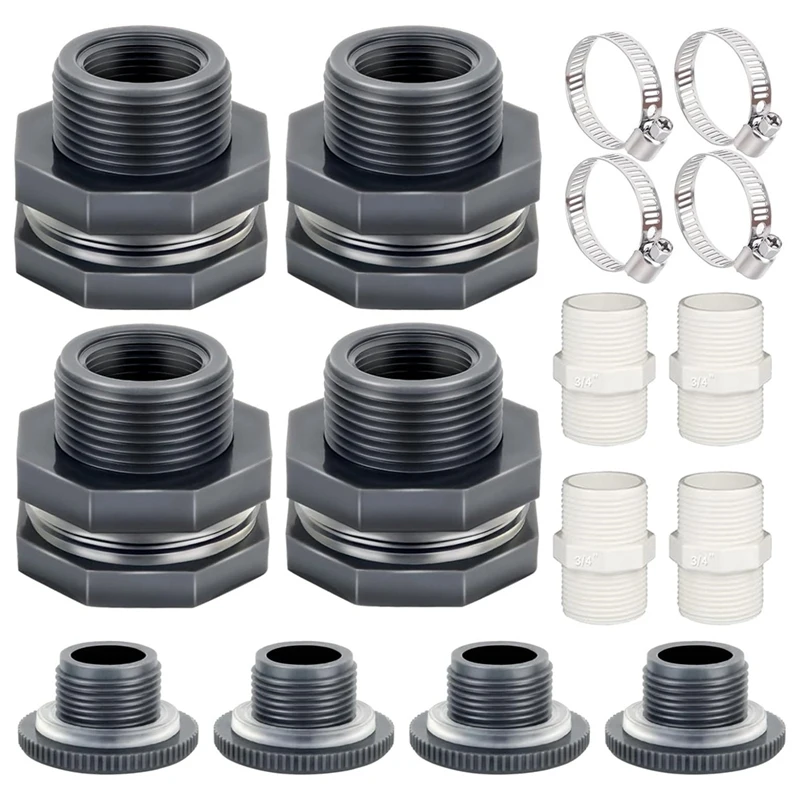 

1Set PVC Bulkhead Fitting 3/4 Inch With Plugs Garden Hose Adapter With Clamp Kit Water Tank Connector Black