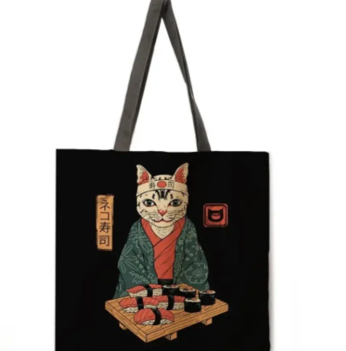 Bolso de mano con diseño de gato japonés, bolso de lona con diseño de gato y sushi, bolso de hombro versátil informal, bolso de compras para mujeres y niñas, color negro