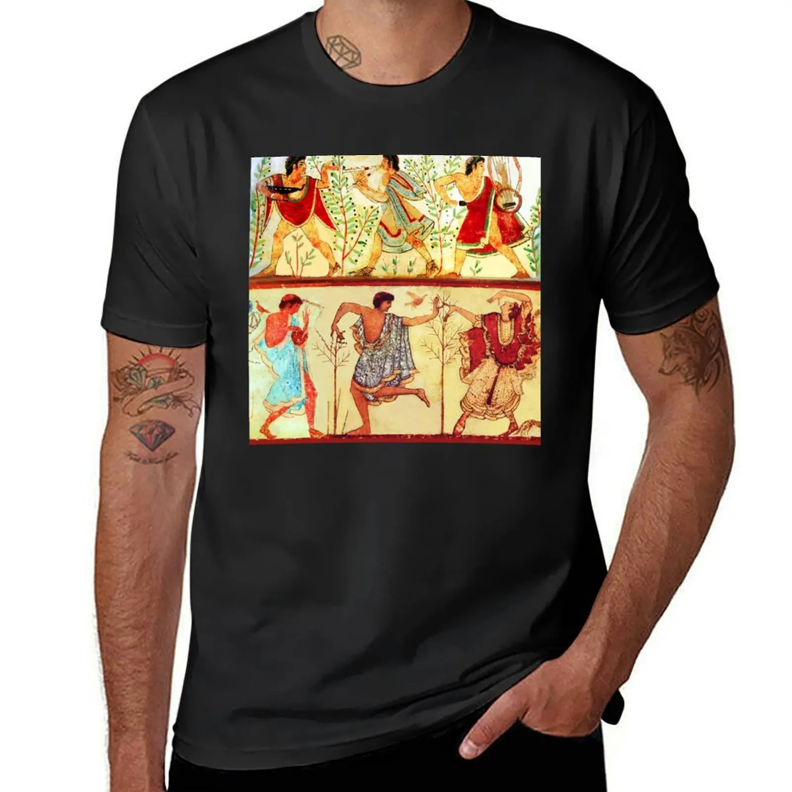 

ETRUSCAN DANCERS AND MUSICIANS WITH LYRA AND AULOS PLAYER Antique Tarquinia Fresco T-Shirt custom t shirt Men's t-shirts