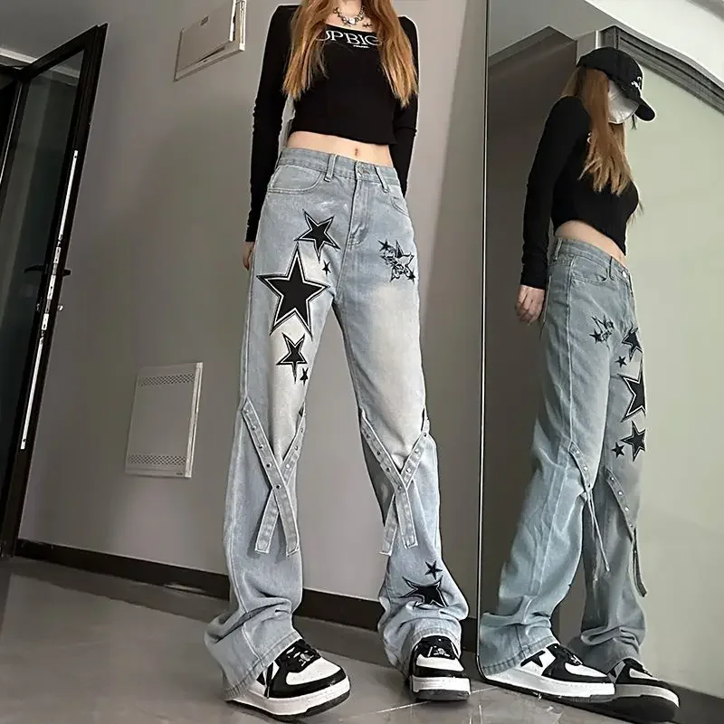 Korean Fashion Gothic High Street Jeans Women Black High Waist Baggy Straight Wide Leg Casual Denim Pants Y2k Streetwear Women