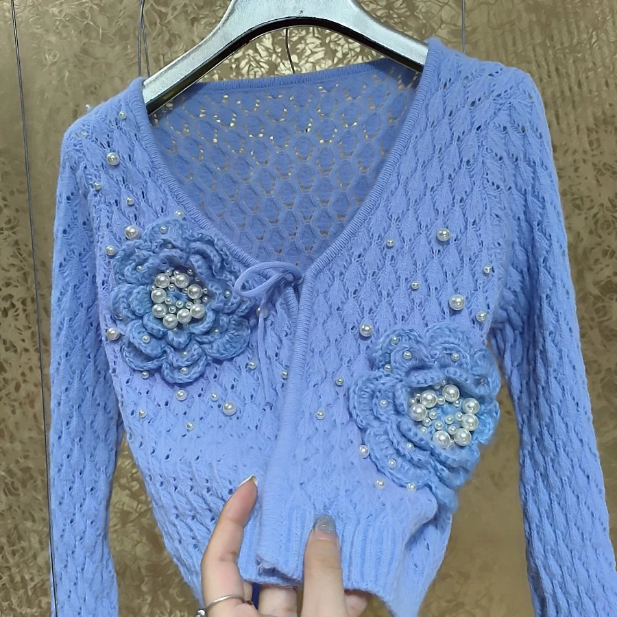 Women Spring Exquisite Hollow Large 3D Flowers Handmade Pearls Beaded Knitted Cardigan Hooked Floral Sunscreen Sweater Coat Tops