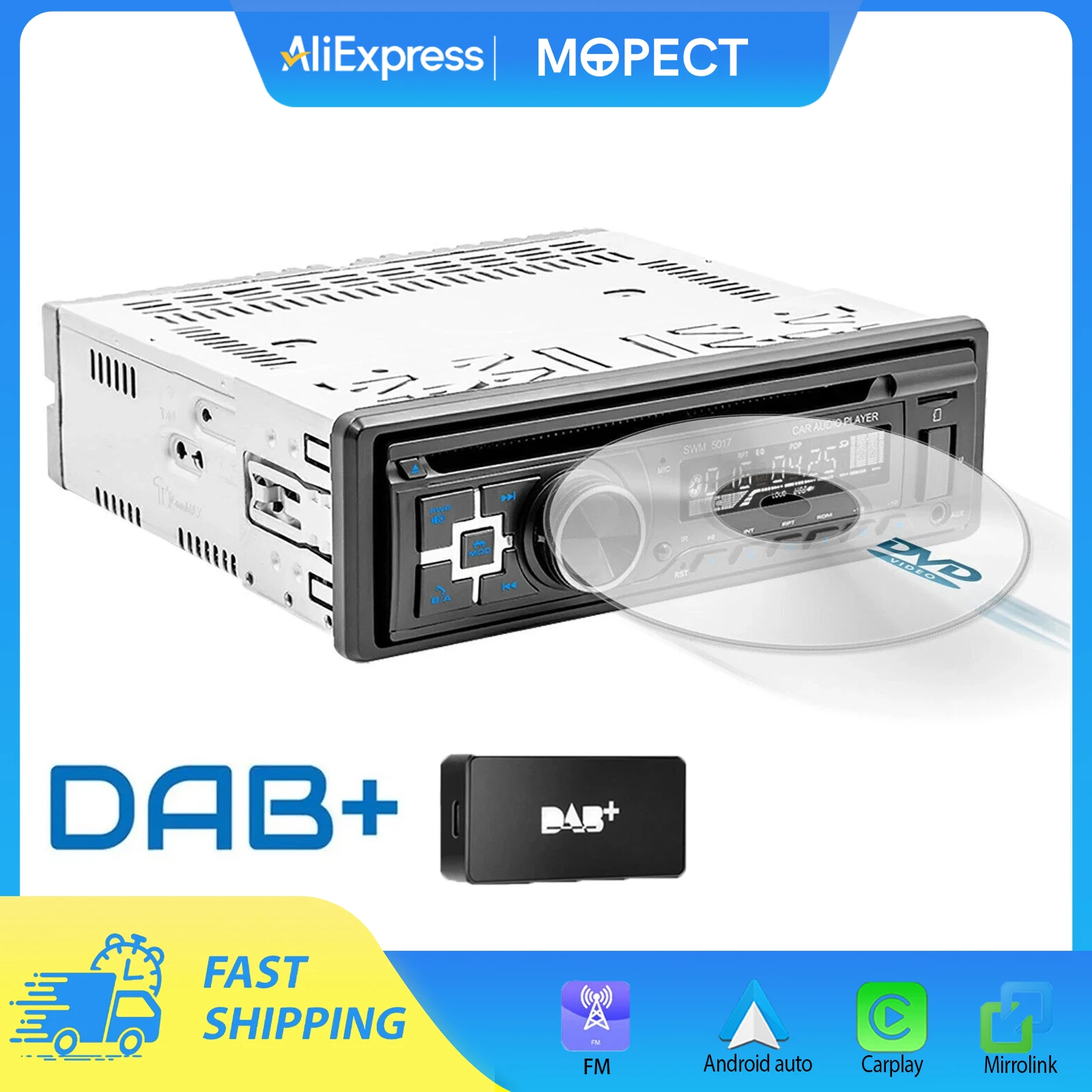 Radio Universal para Auto MOPECT 1 DIN, Reproductor MP3, Receptor Estéreo USB, Audio BT/USB/CD/DVD/AUX-IN 12V