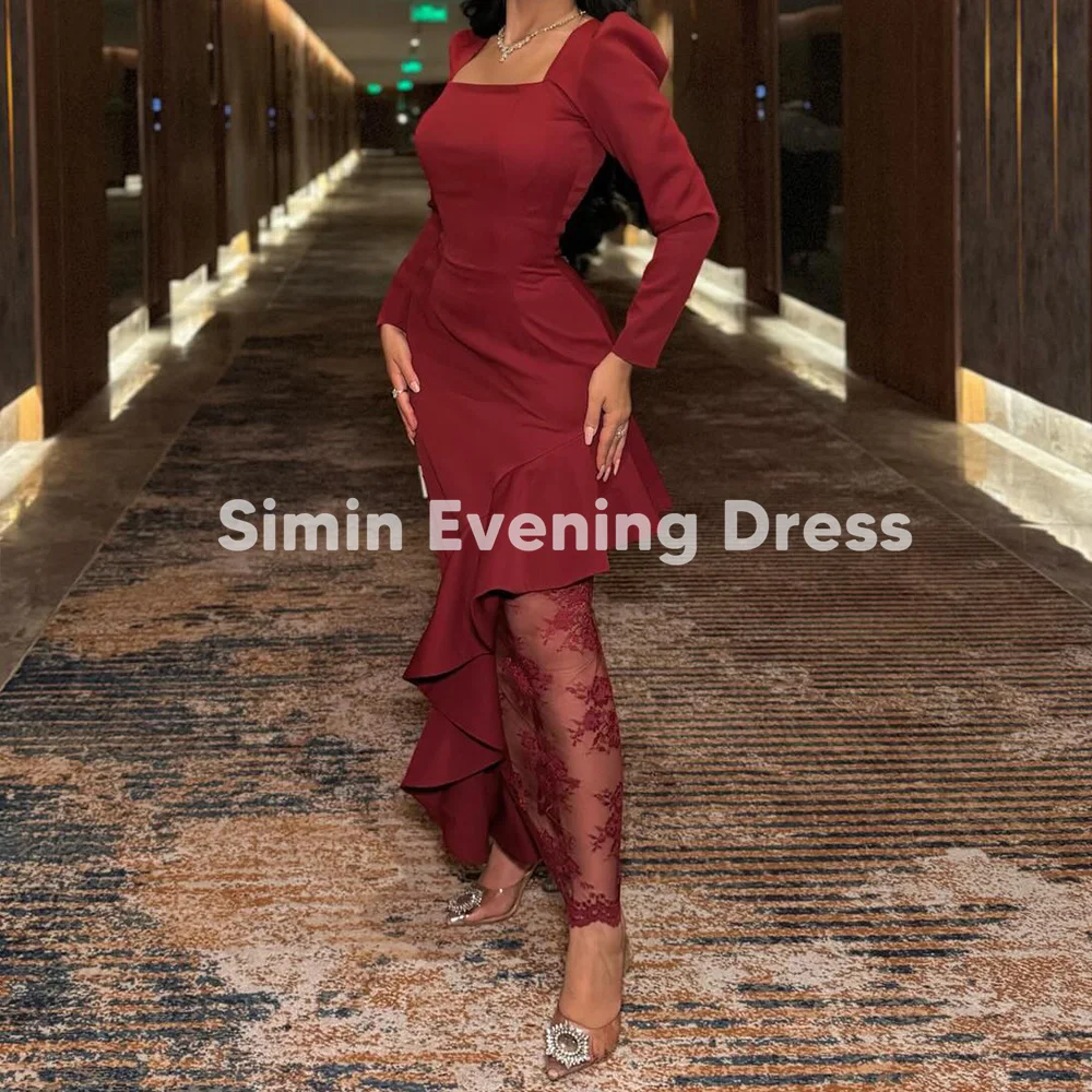 

Simin Women's Crepe Square-Neck Long Sleeve Evening Dress with Side Split Ruffle Ankle-Length Lace Patchwork Prom Gown 2025