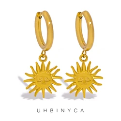 Simple Stainless Steel 18K Gold Plated Sun Charm Pendant Earring for Women