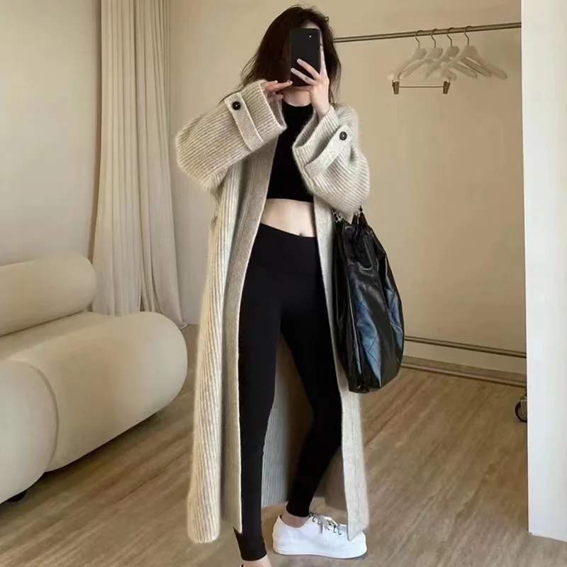 Cardigã de malha comprida feminino, solto, sólido, ponto aberto, manga cheia, elegante, para outono e inverno