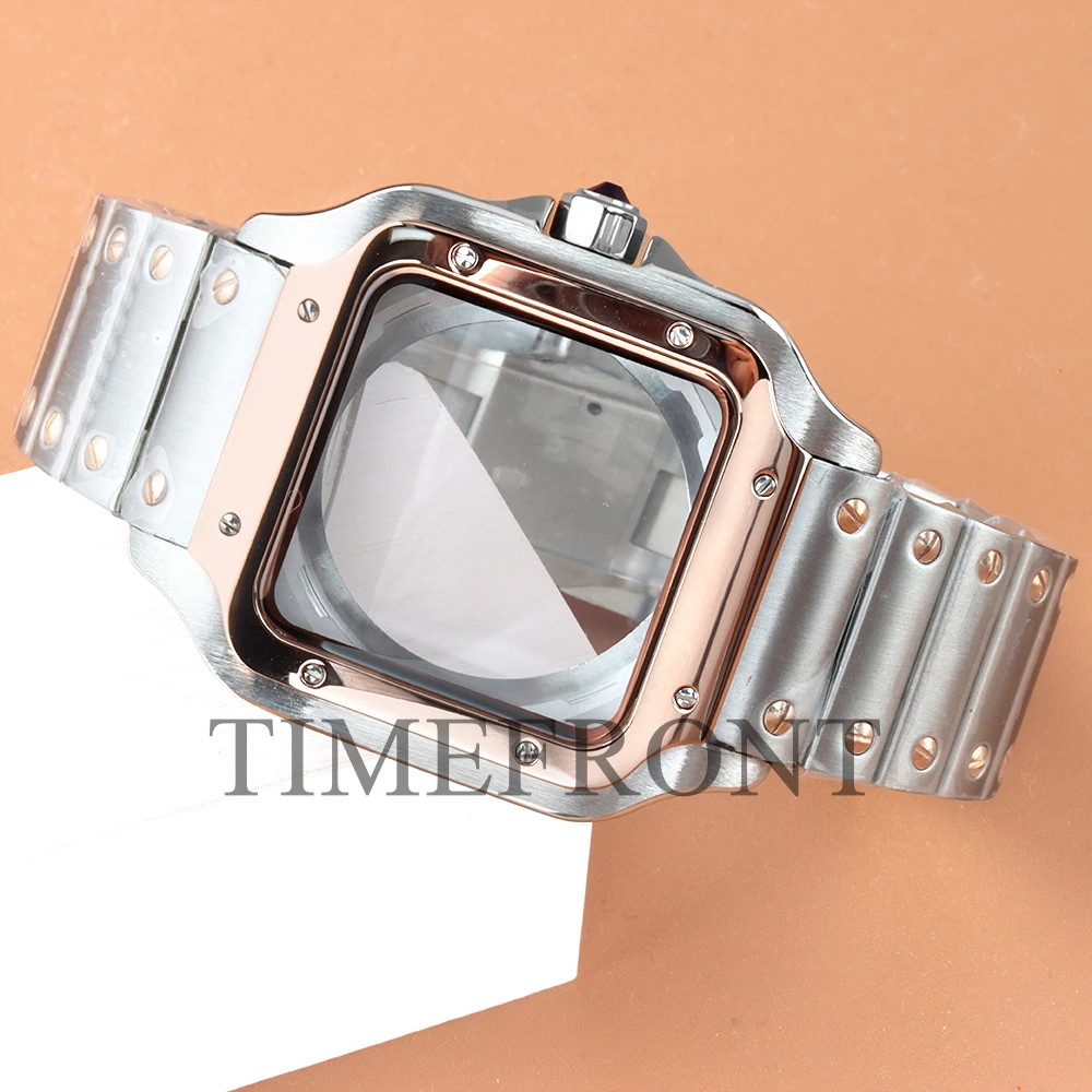 

38mm NH35 Rose gold Watch Case With Stainless Steel Bracelet For Santos Modification Parts NH35 NH36 NH38 Movement 27mm Dial