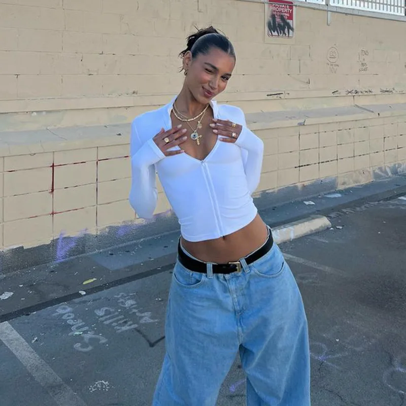 Huhugirl Letnie Seksowne Koszulki Klubowe z Zamkiem Błyskawicznym Damskie Gładkie Bluzki Modne Długie Bezrękawniki z Dekoltem w Serek Streetwear Mini Dopasowane Bluzki Bluzas — zdjęcie 6