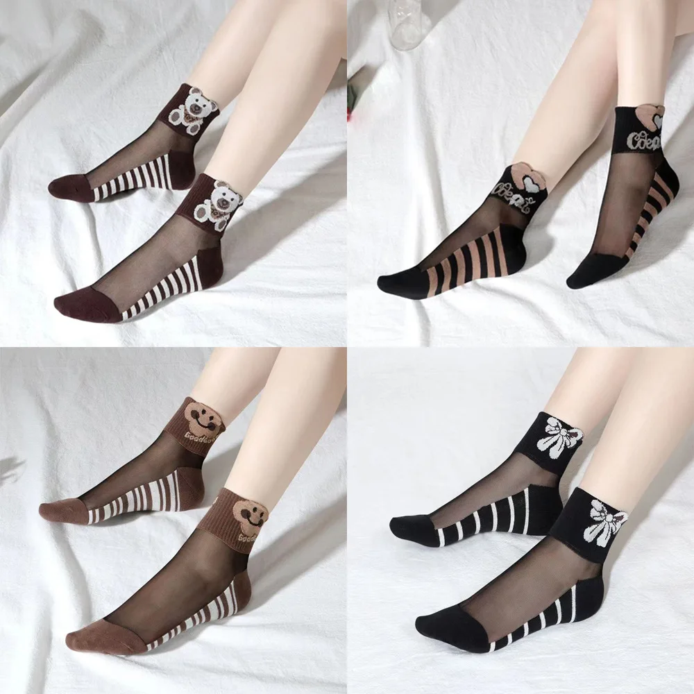 

5 Pairs Women's Socks Spring Summer Cotton Bottom Cute Cartoon Bear Solid Color Simple Mid-tube Funny Socks Fashion Wholesale