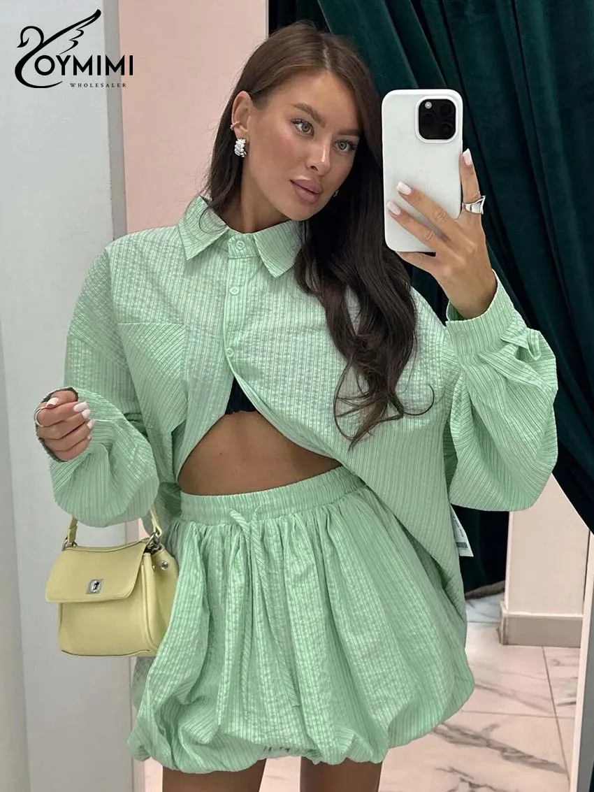Oymimi Women's Green Textured 2-Piece Set 2026 Spring Oversized Shirt High-Waist Puff Mini Skirt Effortless Y2k Casual Outfit