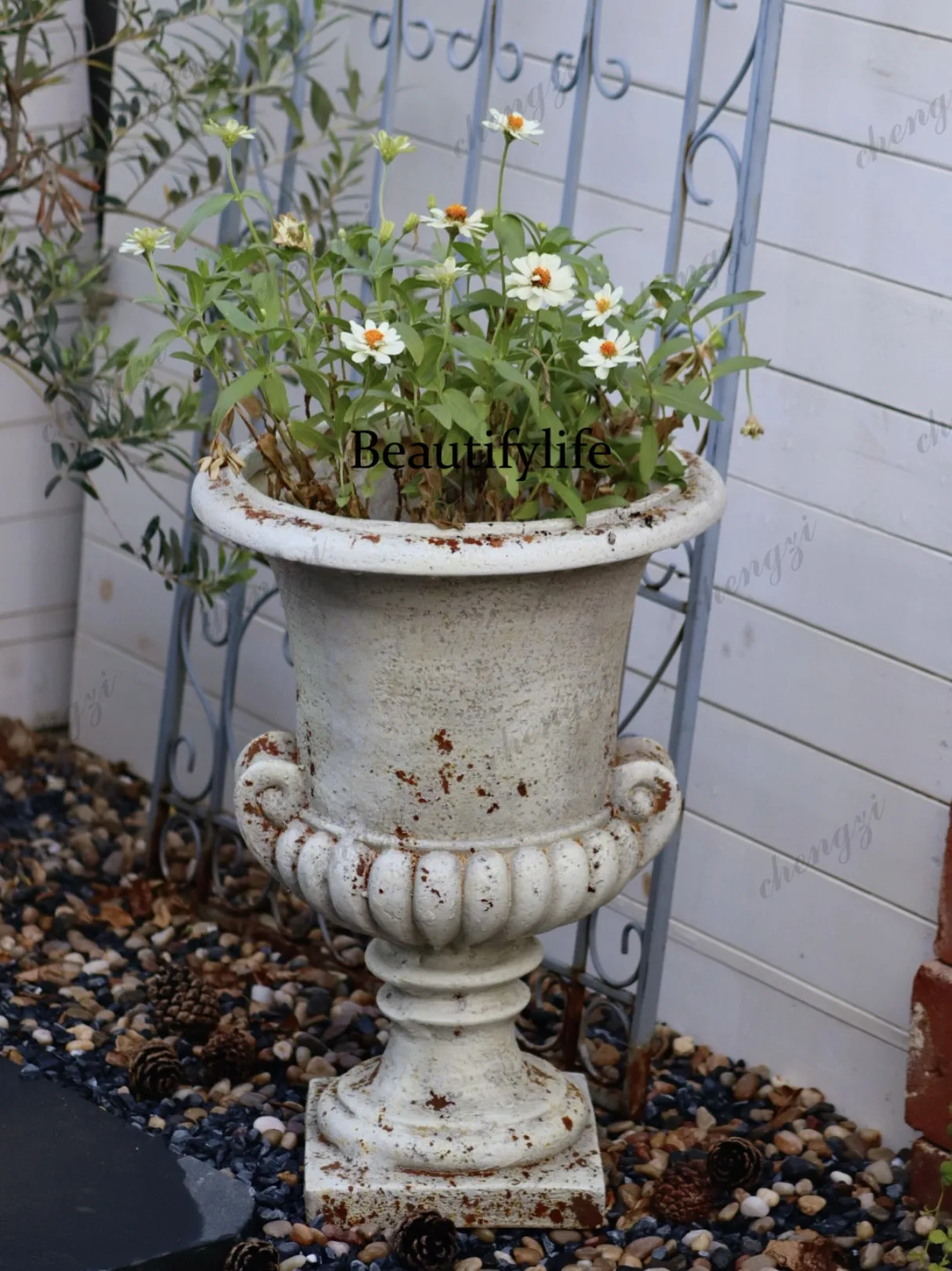 Magnesium oxide retro old rust color binaural wine glass flower pot plant breathable balcony garden decoration handicrafts