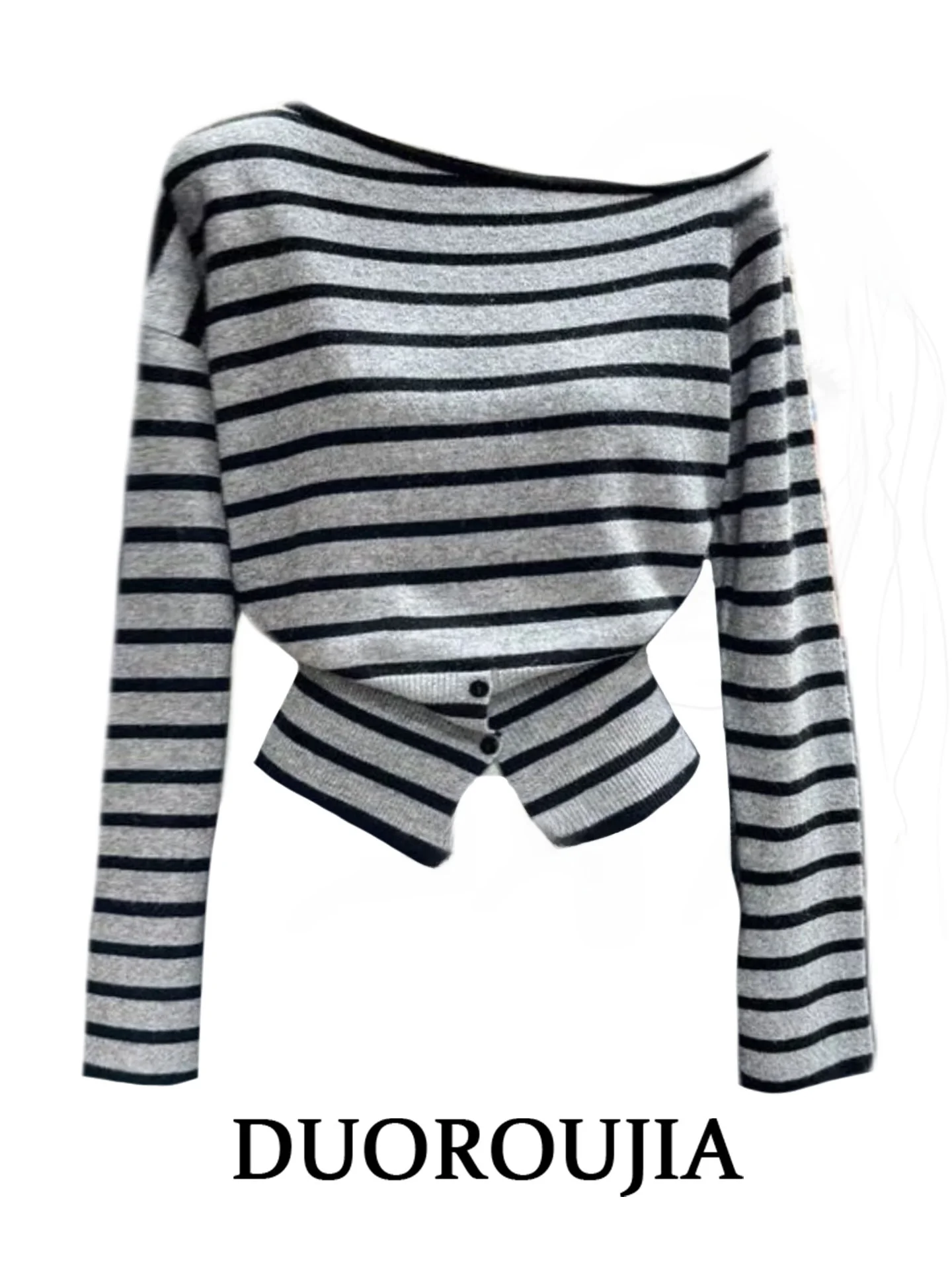 

plus Size Knitwear Long Sleeve Slim Fit Women's Top Striped Asymmetrical Shoulder Design Casual Style Autumn Fashion Top