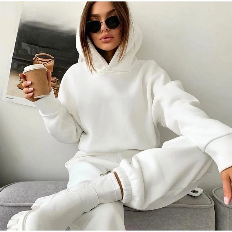Setelan Sweater Berkerudung Wanita Lengan Panjang Dua Potong Pakaian Fashion Koleksi Musim Gugur Ukuran Dewasa Nyaman Dipakai Santai