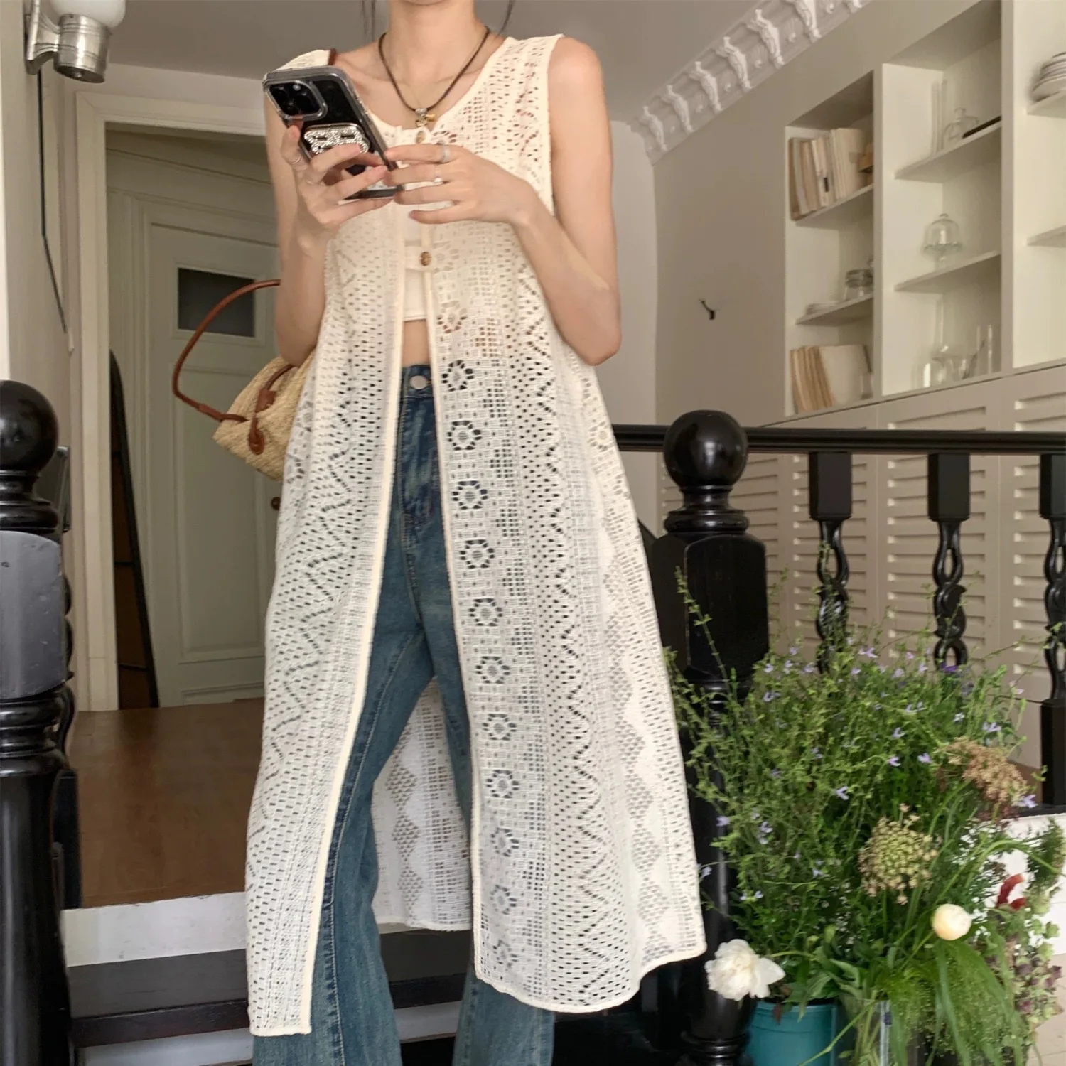 Robe débardeur en dentelle Beige pour femmes, deux côtés, boutons sur le devant, sans manches, style Boho, ajourée, transparente, Sexy, mi-longue, été