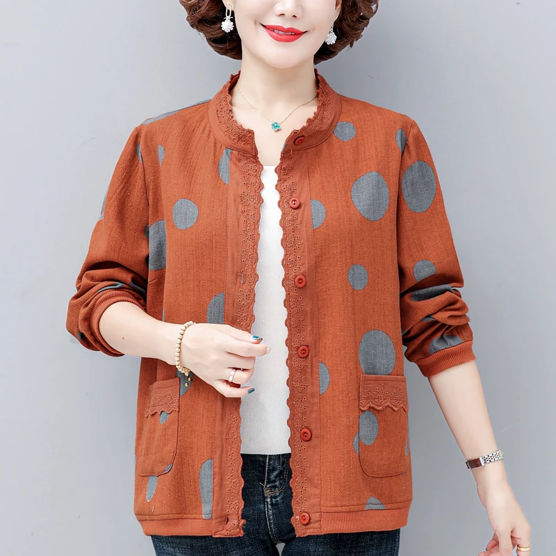 

2024 Women's Spring Autumn New Stand Collar Print Coats Female Middle-aged Short Jackets Ladies Cotton Linen Loose Overcoats Q21