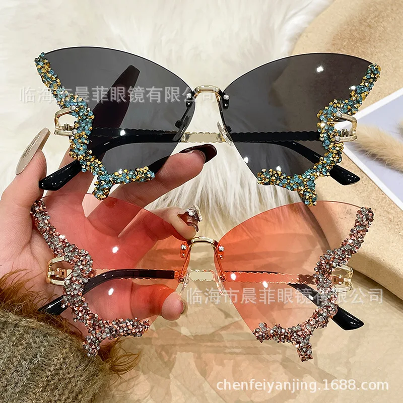 

Butterfly shape diamond rimless sunglasses women's fashion sunglasses Europe and the United States